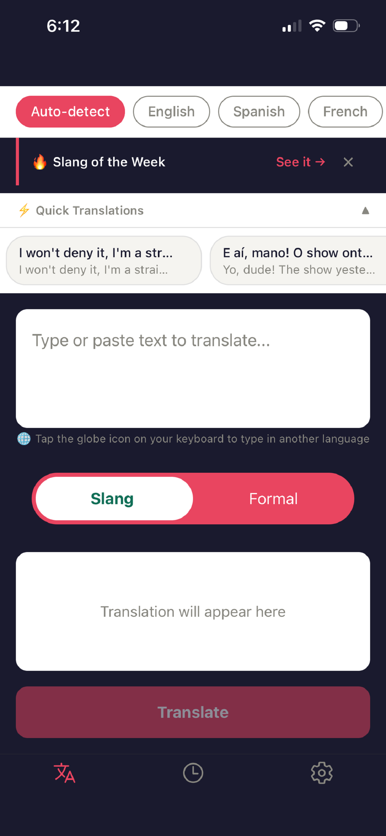 LingualShift translate screen